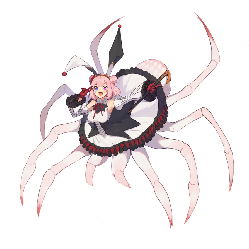 +_+, 1girl, :d, arthropod_girl, arthropod_legs, blue_eyes, cane, clown, commentary_request, detached_sleeves, double_bun, dress, facepaint, gloves, hands_up, heterochromia, highres, holding, holding_cane, lansane, looking_at_viewer, medium_hair, monster_girl, neck_ribbon, open_mouth, original, outstretched_arm, pink_eyes, pink_hair, red_gloves, ribbon, simple_background, smile, spider_girl, tiara, v, white_background, white_dress