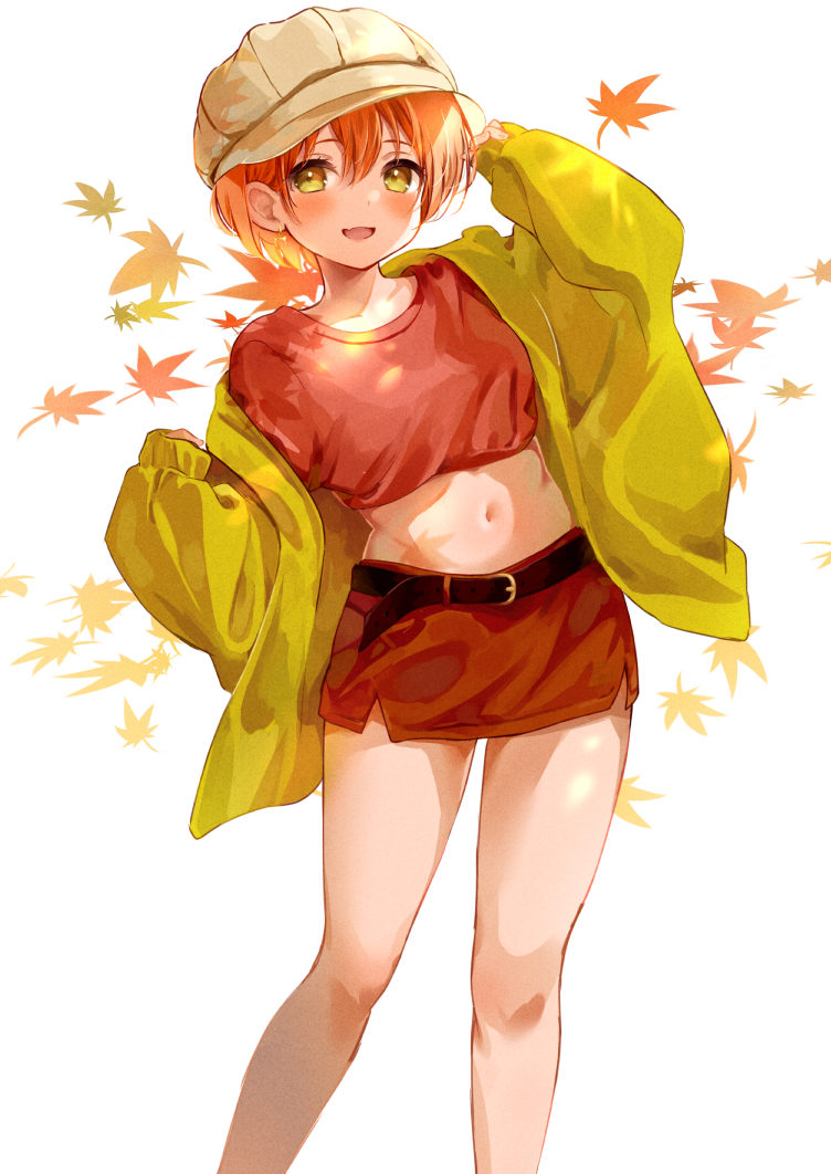 1girl, autumn_leaves, belt, blush, breasts, cowboy_shot, crop_top, hat
