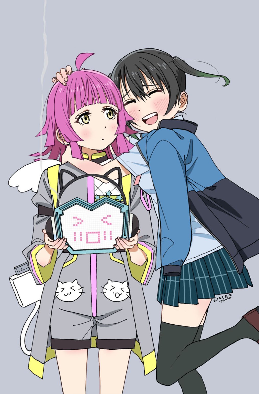 2girls, ahoge, bangs, black_hair, black_legwear, blunt_bangs, blunt_ends, cat_ear_headphones, embarrassed, gradient_hair, green_hair, grey_jacket, hair_between_eyes, head-mounted_display, headphones, highres, jacket, komesodo, love_live!, love_live!_nijigasaki_high_school_idol_club, medium_hair, multicolored_hair, multiple_girls, nijigasaki_academy_uniform, pink_hair, screen, short_hair, streaked_hair, takasaki_yuu, tennouji_rina, thigh-highs, tsunagaru_connect_(love_live!), twintails, two-tone_hair, yellow_eyes