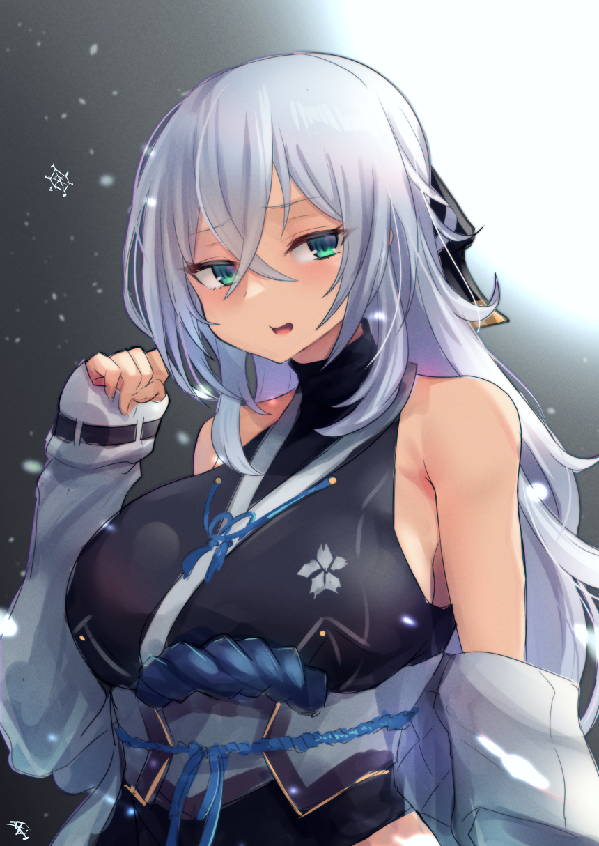 1girl, bare_shoulders, black_kimono, breasts, eiyuu_densetsu, green_eyes, hair_ribbon, hand_up