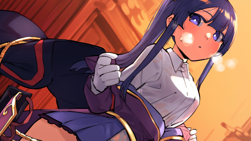 1girl, absurdres, aiguillette, alternate_hairstyle, bangs, black_cape, blue_skirt, blunt_bangs