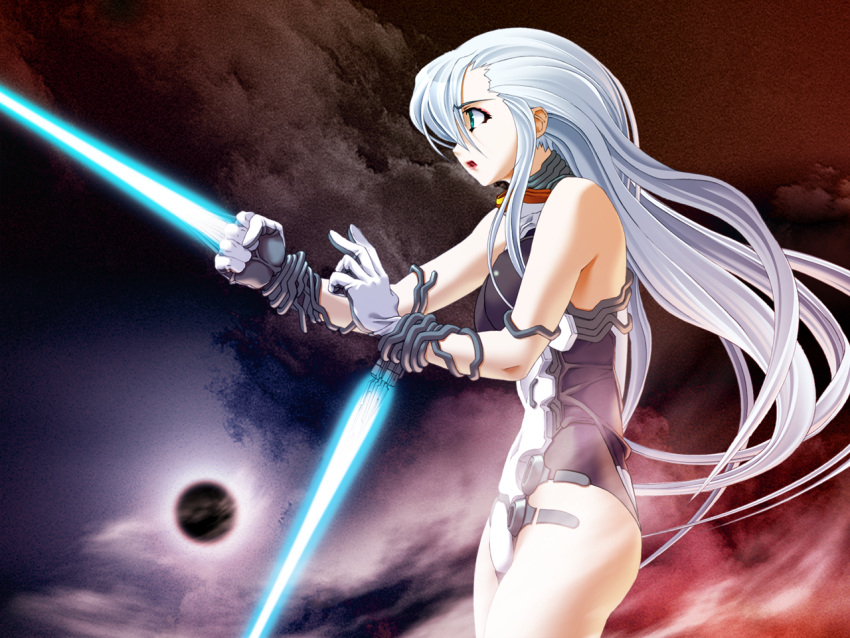 1girl, bare_legs, covered_navel, cowboy_shot, demonbane, eclipse, floating_hair, from_side, game_cg, gloves, green_eyes, hair_between_eyes, leotard, long_hair, metatron_(demonbane), nishii_(nitroplus), official_art, open_mouth, profile, silver_hair, solo, standing, very_long_hair, white_gloves