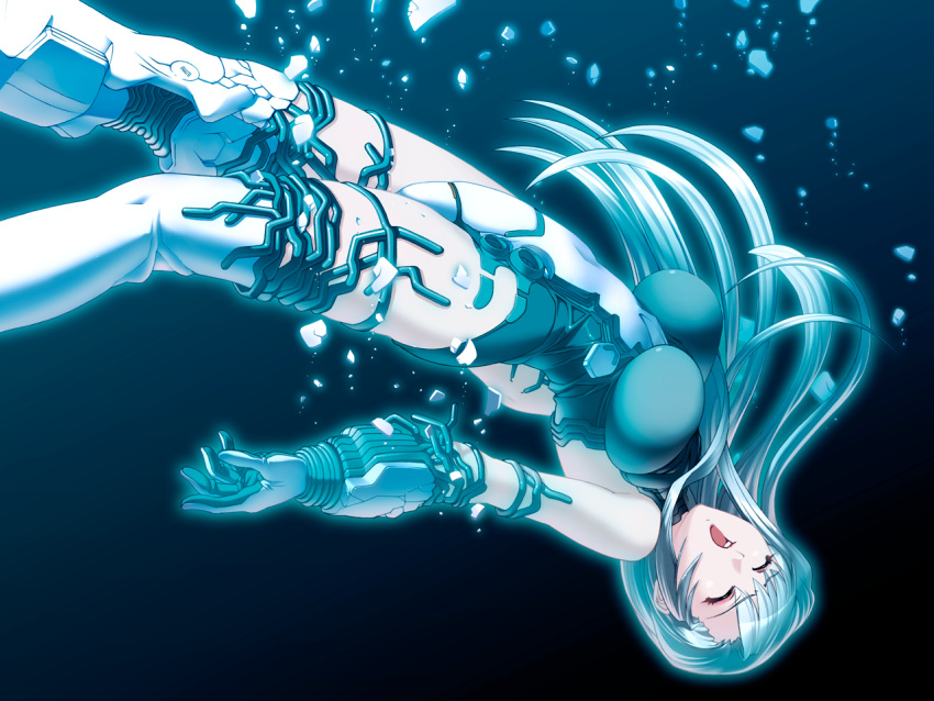 1girl, bangs, blue_background, boots, breasts, breasts_apart, closed_eyes, covered_navel