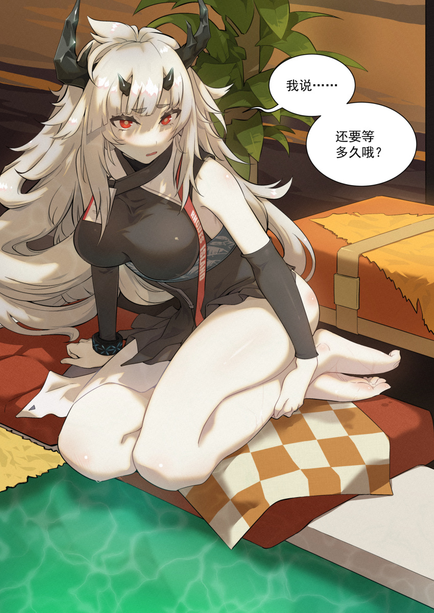 1girl, absurdres, arknights, bangs, barefoot, breasts, chinese_text, detached_sleeves