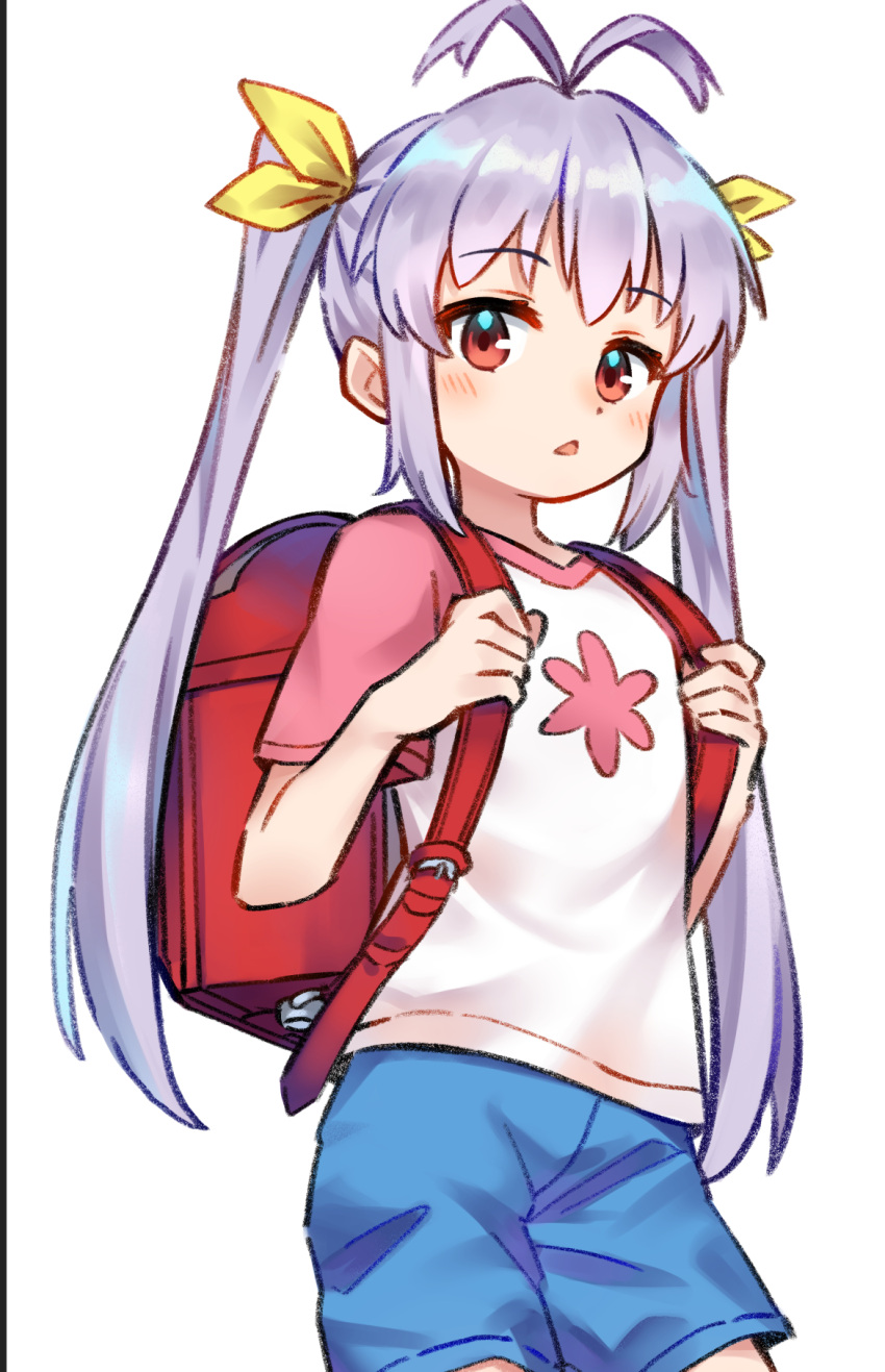 1girl, antenna_hair, backpack, bag, blue_shorts, contrapposto, cowboy_shot, gyunre