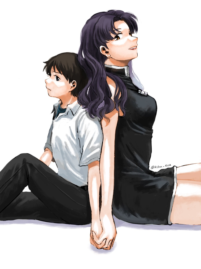 1boy, 1girl, age_difference, back-to-back, breasts, earrings, highres, holding_hands, ikari_shinji, jewelry, katsuragi_misato, lipstick, makeup, neon_genesis_evangelion, pants, purple_hair, school_uniform, shirt, simple_background, size_difference, tokyo-3_middle_school_uniform_(evangelion), white_background