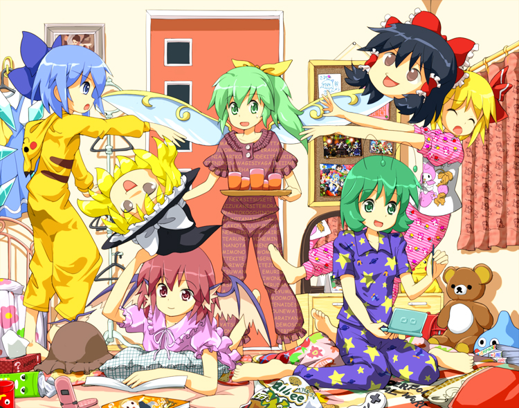 animal_ears, antennae, barefoot, blonde_hair, blue_eyes, blue_hair, bow, brown_eyes