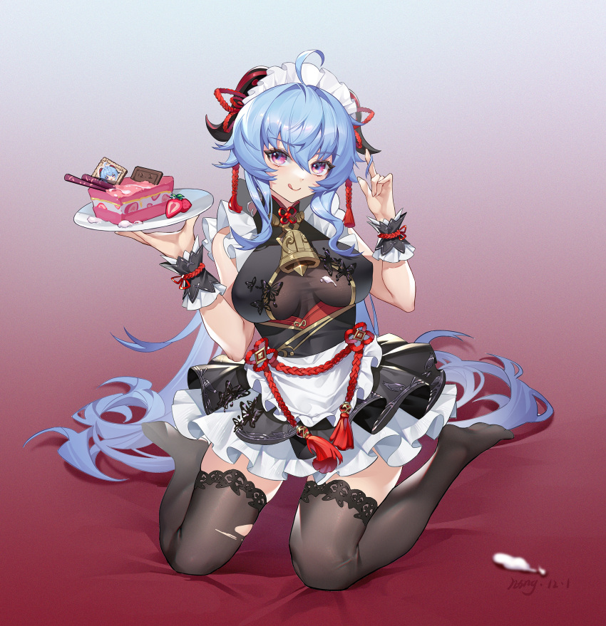 1girl, absurdres, ahoge, apron, bangs, black_butterfly, black_dress, black_legwear, blue_hair, breasts, bug, butterfly, cake, cake_slice, dated, dress, eyebrows_visible_through_hair, feet, food, frilled_apron, frills, fruit, ganyu_(genshin_impact), genshin_impact, gradient, gradient_background, hair_between_eyes, hair_intakes, hands_up, highres, holding, holding_plate, legs, licking_lips, long_hair, looking_at_viewer, maid_headdress, ningtiaoyu, no_shoes, plate, see-through, shiny, shiny_hair, sitting, sleeveless, sleeveless_dress, soles, solo, strawberry, tassel, thigh-highs, thighs, tongue, tongue_out, torn_clothes, torn_legwear, very_long_hair, waist_apron, wariza, white_apron