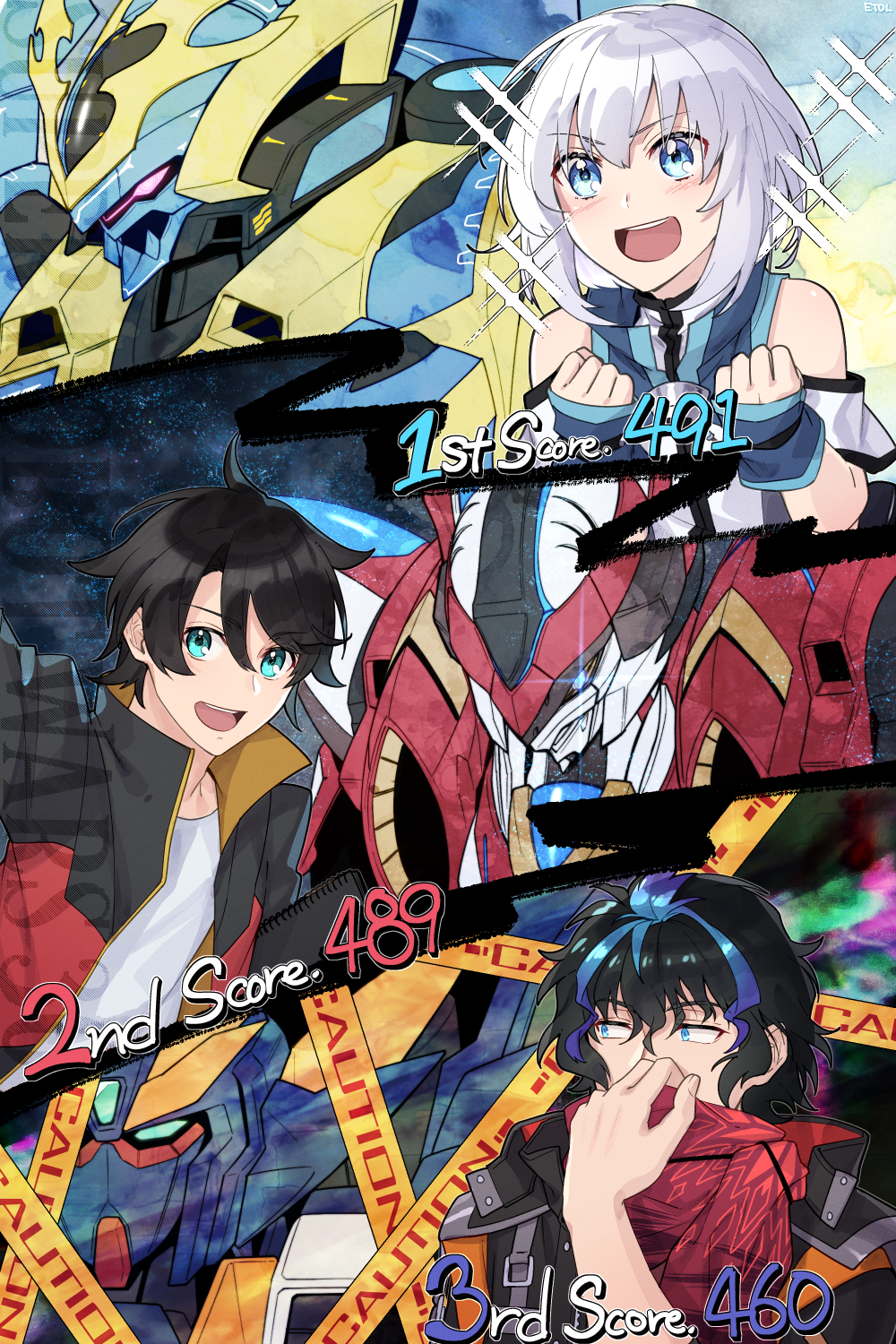 3boys, black_hair, blue_eyes, caution_tape, covering_mouth, edge_sainklaus, ernesti_echevalier, highres, hitachi_izuru, huckebein_30th, ikaruga_(knight's_&amp;_magic), jacket, laft, mecha, multicolored_hair, multiple_boys, red_five, scarf, silver_hair, sparkle, streaked_hair, super_robot_wars, super_robot_wars_30