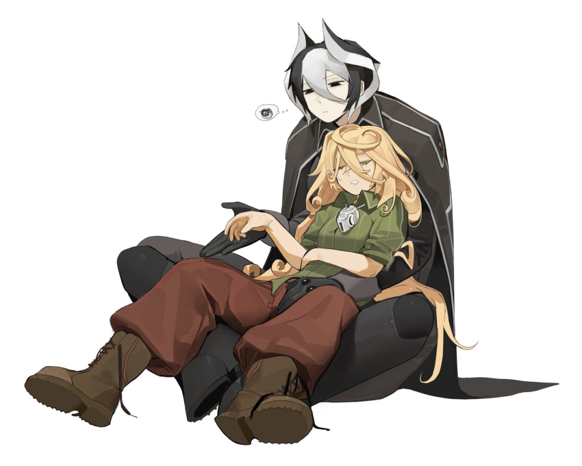 2girls, black_cape, black_eyes, black_gloves, black_hair, black_pants, black_shirt, blonde_hair