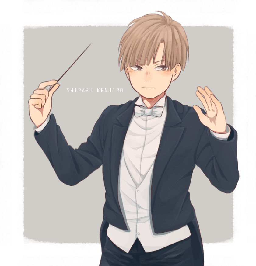 1boy, bangs, baton_(conducting), black_jacket, black_pants, blunt_bangs, bow, bowtie