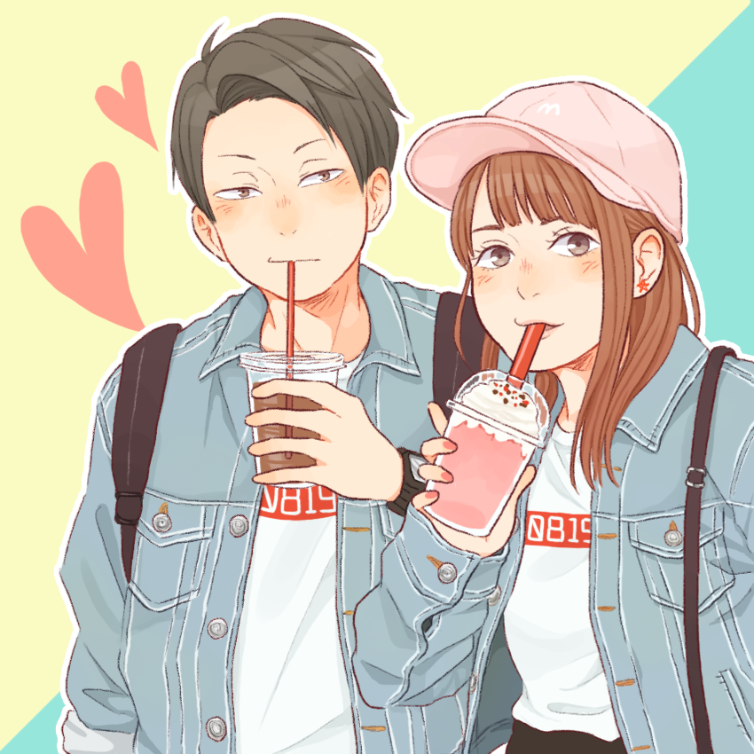 1boy, 1girl, backpack, bag, bangs, baseball_cap, black_hair, blunt_bangs