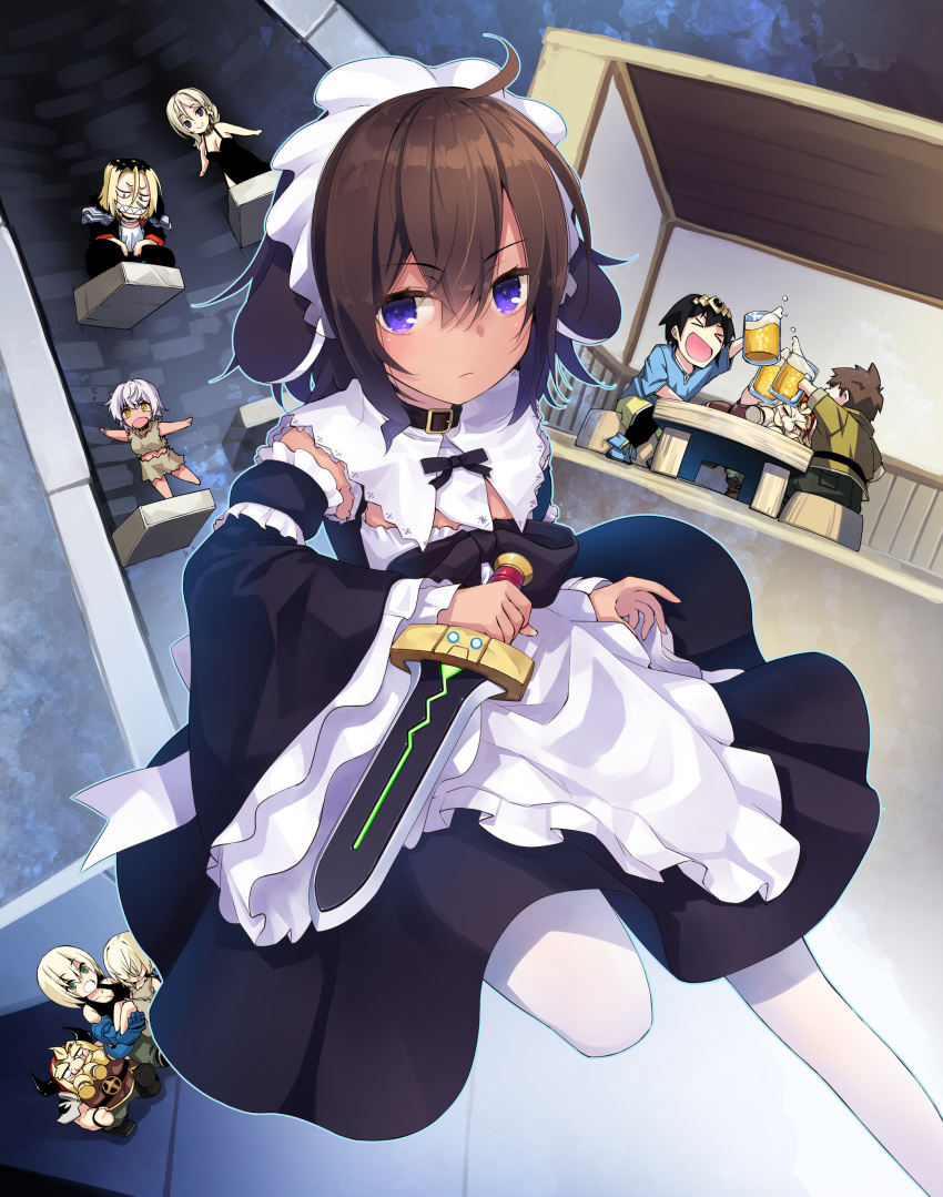 absurdres, animal_ears, beer_mug, brown_hair, collar, cup, dagger, detached_sleeves