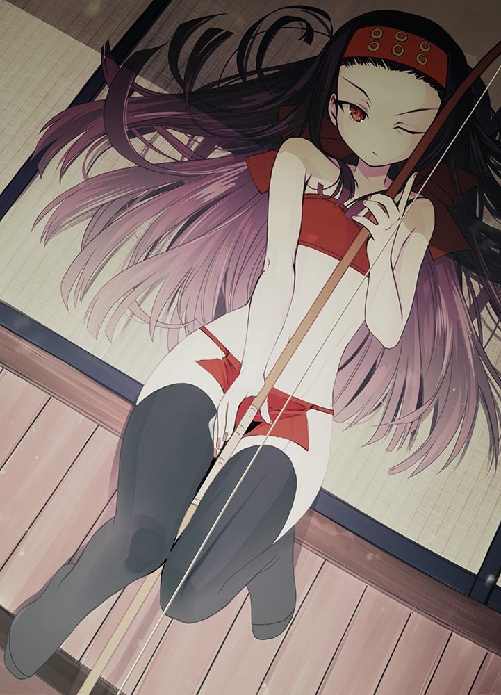 1girl, bandeau, bare_shoulders, black_legwear, blush, bow_(weapon), breasts, brown_eyes