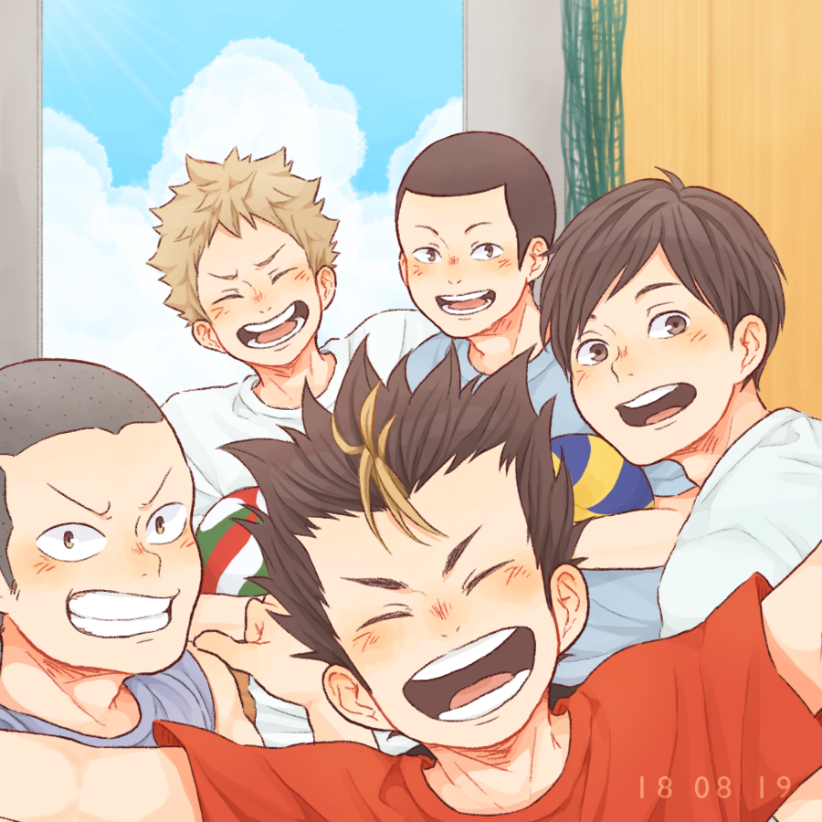 5boys, ball, black_hair, blonde_hair, blue_shirt, clouds, commentary_request, day