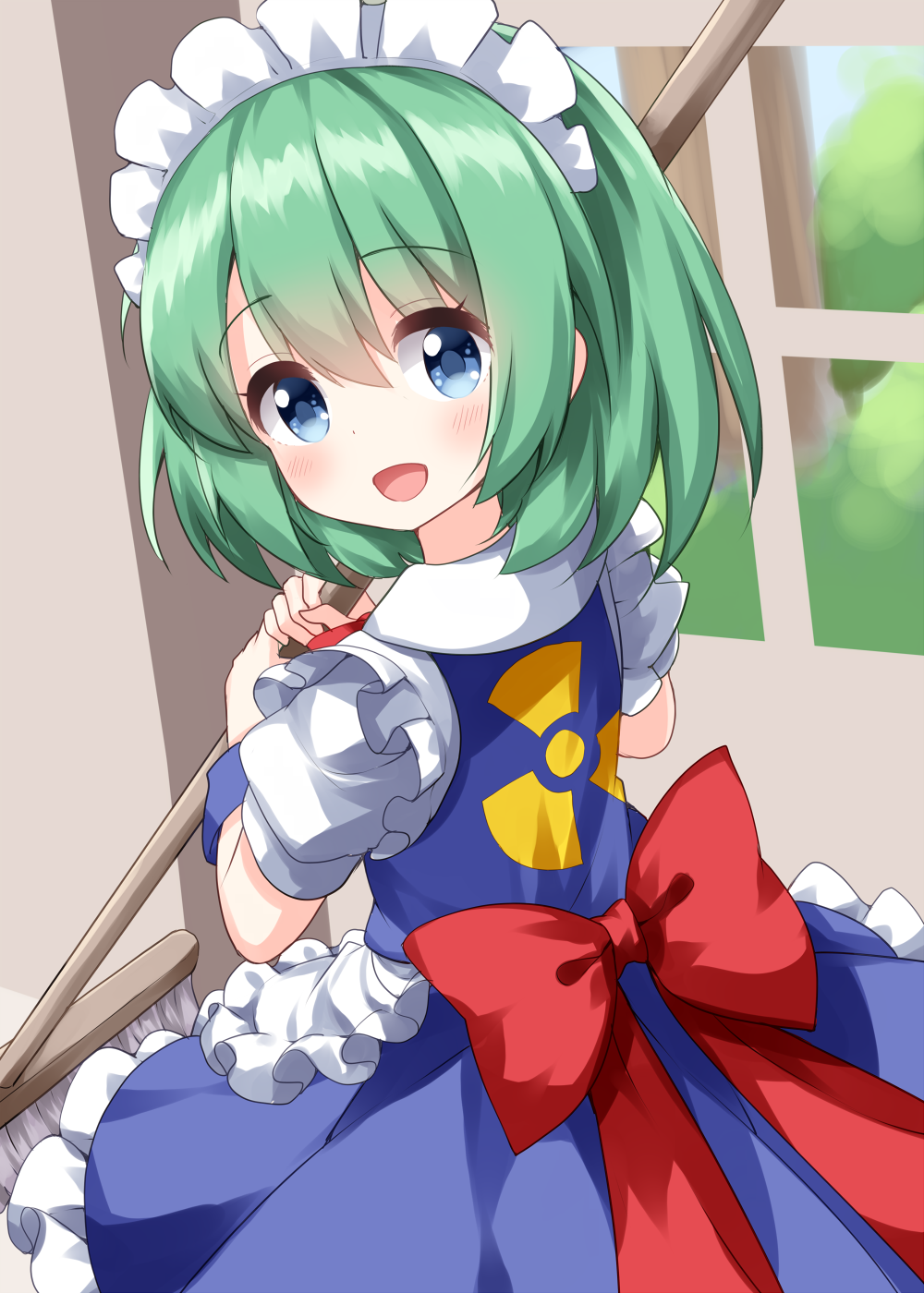 1girl, :d, apron, bangs, blue_eyes, bow, broom, cowboy_shot