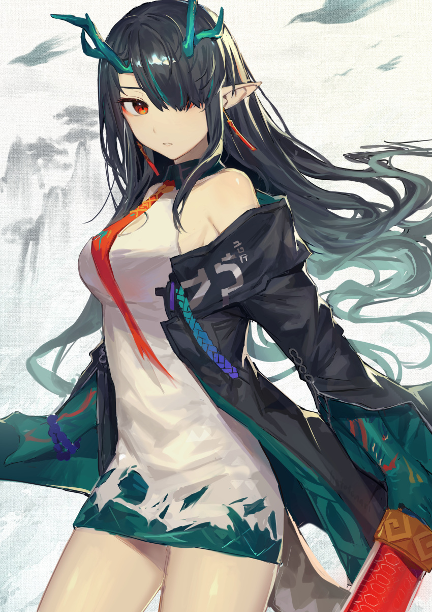 1girl, absurdres, aqua_hair, arknights, bead_bracelet, beads, bird, black_hair, black_jacket, bracelet, breasts, collared_dress, colored_skin, commentary, cowboy_shot, dragon_girl, dragon_horns, dragon_tail, dress, dusk_(arknights), earrings, expressionless, eyeshadow, floating_hair, green_skin, hair_between_eyes, hair_over_one_eye, hatotonaru, highres, holding, holding_sword, holding_weapon, horns, jacket, jewelry, long_hair, looking_at_viewer, makeup, medium_breasts, mountainous_horizon, multicolored_hair, multicolored_skin, necktie, off_shoulder, open_clothes, open_jacket, parted_lips, pointy_ears, red_eyes, red_necktie, short_dress, sleeveless, sleeveless_dress, solo, standing, streaked_hair, sword, tail, tassel, tassel_earrings, thighs, two-sided_fabric, two-sided_jacket, two-tone_hair, weapon, white_dress, wing_collar