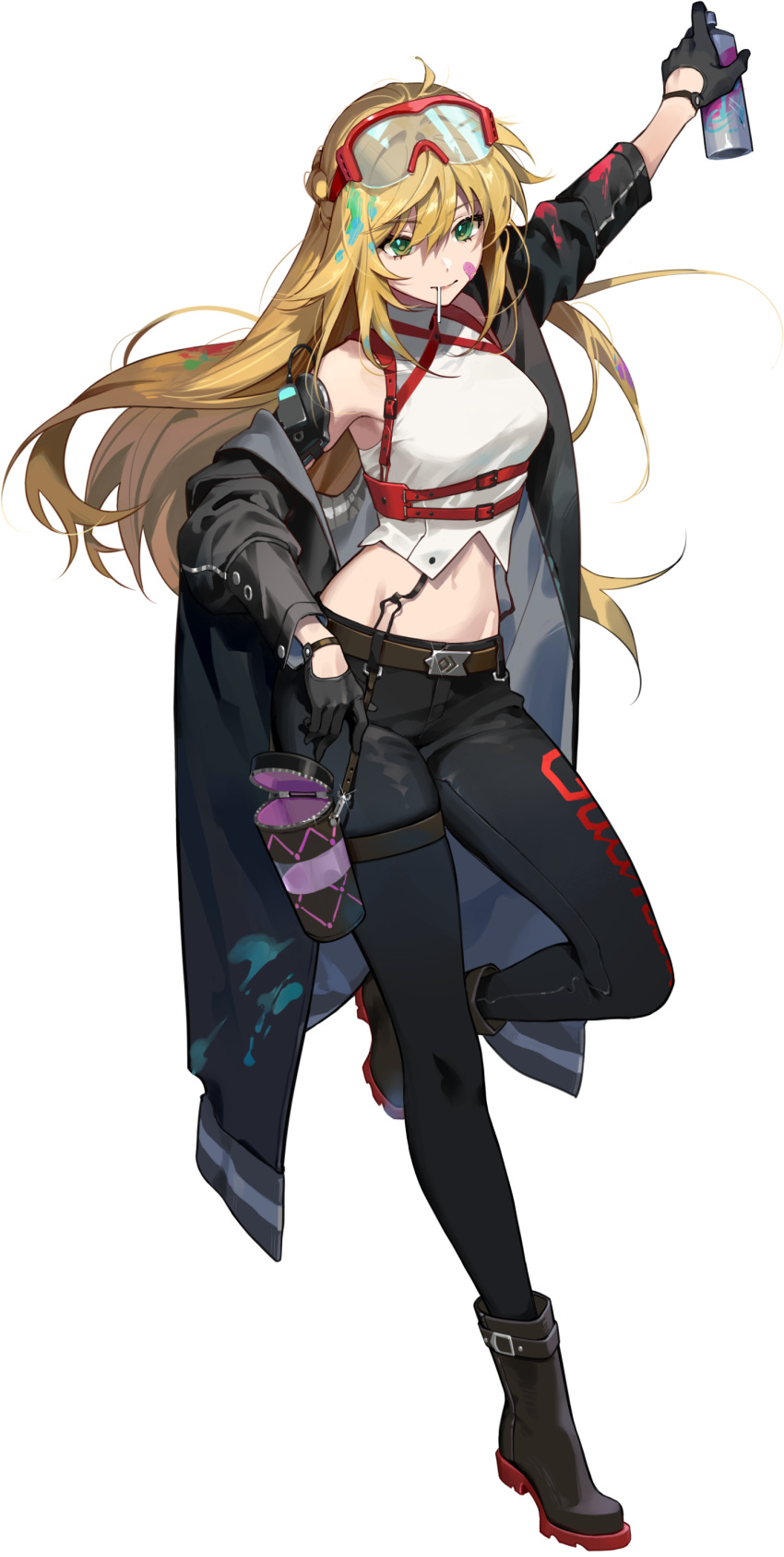 1girl, absurdres, bandage_on_face, bandages, bangs, belt, black_footwear, black_gloves, black_jacket, black_pants, blonde_hair, breasts, candy, eating, eyebrows_visible_through_hair, eyewear_on_head, food, full_body, future_knight, gloves, green_eyes, guardian_tales, highres, holding, jacket, long_hair, medium_breasts, official_alternate_costume, official_art, open_clothes, pants, sleeveless, solo, transparent_background