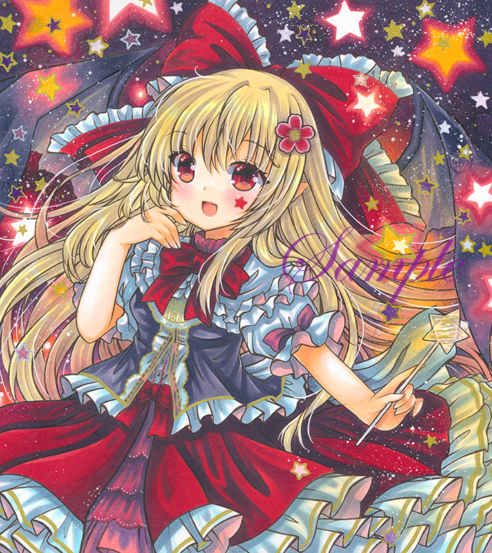 1girl, :d, bat_wings, black_vest, black_wings, blonde_hair, bow, bowtie, cowboy_shot, dark_background, elis_(touhou), eyebrows_visible_through_hair, fang, flower, frilled_bow, frilled_shirt, frilled_skirt, frills, hair_bow, hair_flower, hair_ornament, hand_on_own_face, holding, holding_wand, long_hair, looking_at_viewer, marker_(medium), open_clothes, open_mouth, open_vest, puffy_short_sleeves, puffy_sleeves, red_bow, red_bowtie, red_eyes, red_flower, red_skirt, rui_(sugar3), sample, shirt, short_sleeves, skin_fang, skirt, smile, solo, star_(symbol), touhou, touhou_(pc-98), traditional_media, vest, wand, white_shirt, wings