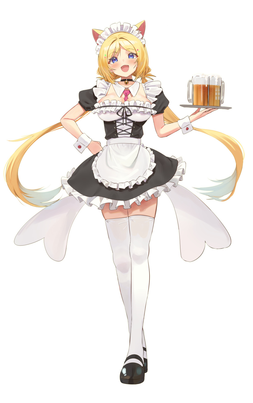 1girl, absurdres, aki_rosenthal, alcohol, alternate_costume, animal_ears, apron, bangs, beer, beer_mug, bell, between_breasts, black_choker, black_footwear, blonde_hair, breasts, cat_ears, choker, cup, detached_collar, enmaided, eyebrows_visible_through_hair, frilled_apron, frills, full_body, hand_on_hip, highres, hololive, long_hair, looking_at_viewer, low_twintails, maid, maid_headdress, mug, neck_bell, necktie, necktie_between_breasts, open_mouth, parted_bangs, pink_necktie, puffy_short_sleeves, puffy_sleeves, short_sleeves, simple_background, smile, solo, standing, thigh-highs, tray, twin_(tt_lsh), twintails, very_long_hair, violet_eyes, virtual_youtuber, waist_apron, white_apron, white_background, white_legwear, wrist_cuffs, zettai_ryouiki