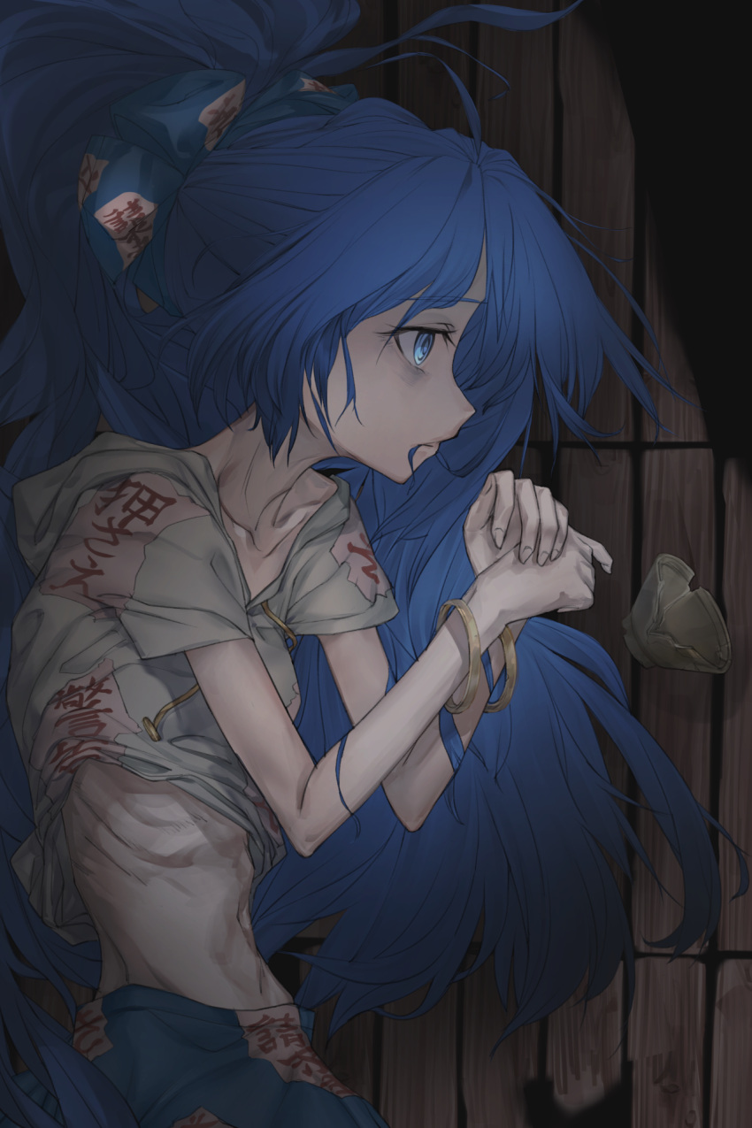 1girl, anorexic, bags_under_eyes, blue_bow, blue_eyes, blue_hair, blue_skirt, bow
