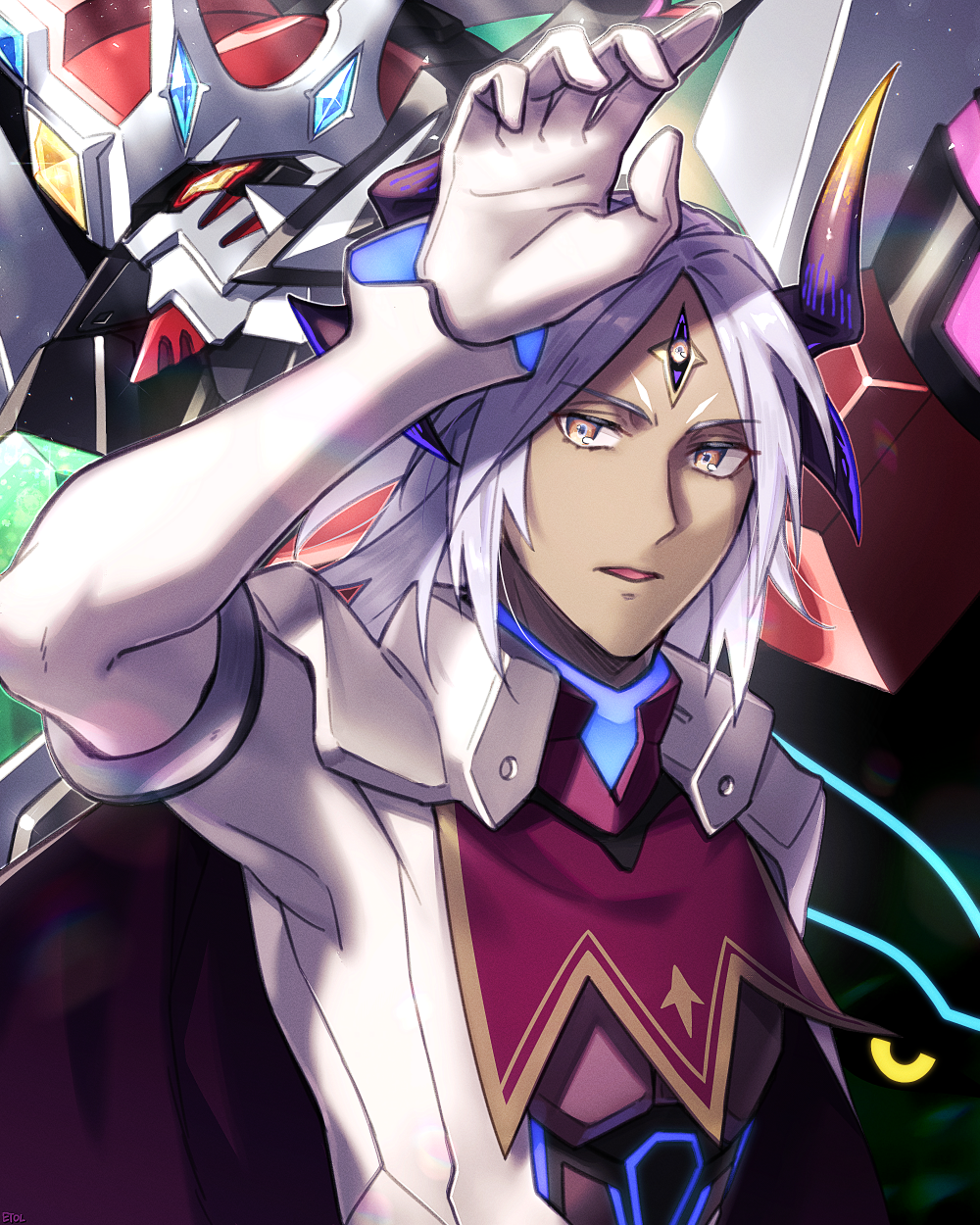 bodysuit, cape, caruleum_vaull, dark-skinned_male, dark_skin, forehead_jewel, gloves, gravalin