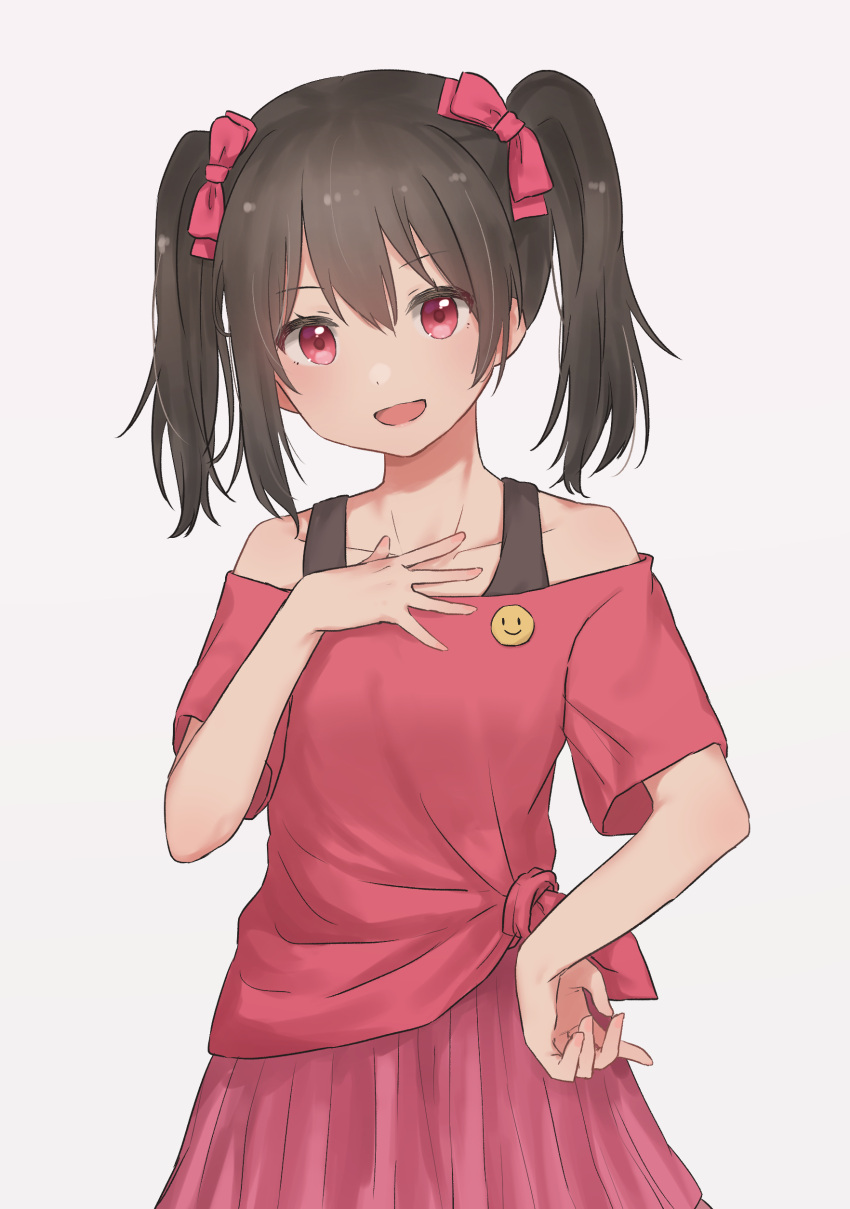 1girl, :d, absurdres, black_hair, bow, collarbone, commentary, cowboy_shot, eyebrows_visible_through_hair, gradient, gradient_background, grey_background, hand_on_hip, hand_on_own_chest, highres, kirima_(zs_at_), love_live!, love_live!_school_idol_project, off_shoulder, pink_bow, pink_eyes, pink_shirt, pink_skirt, shirt, simple_background, skirt, smile, solo, twintails, white_background, yazawa_nico