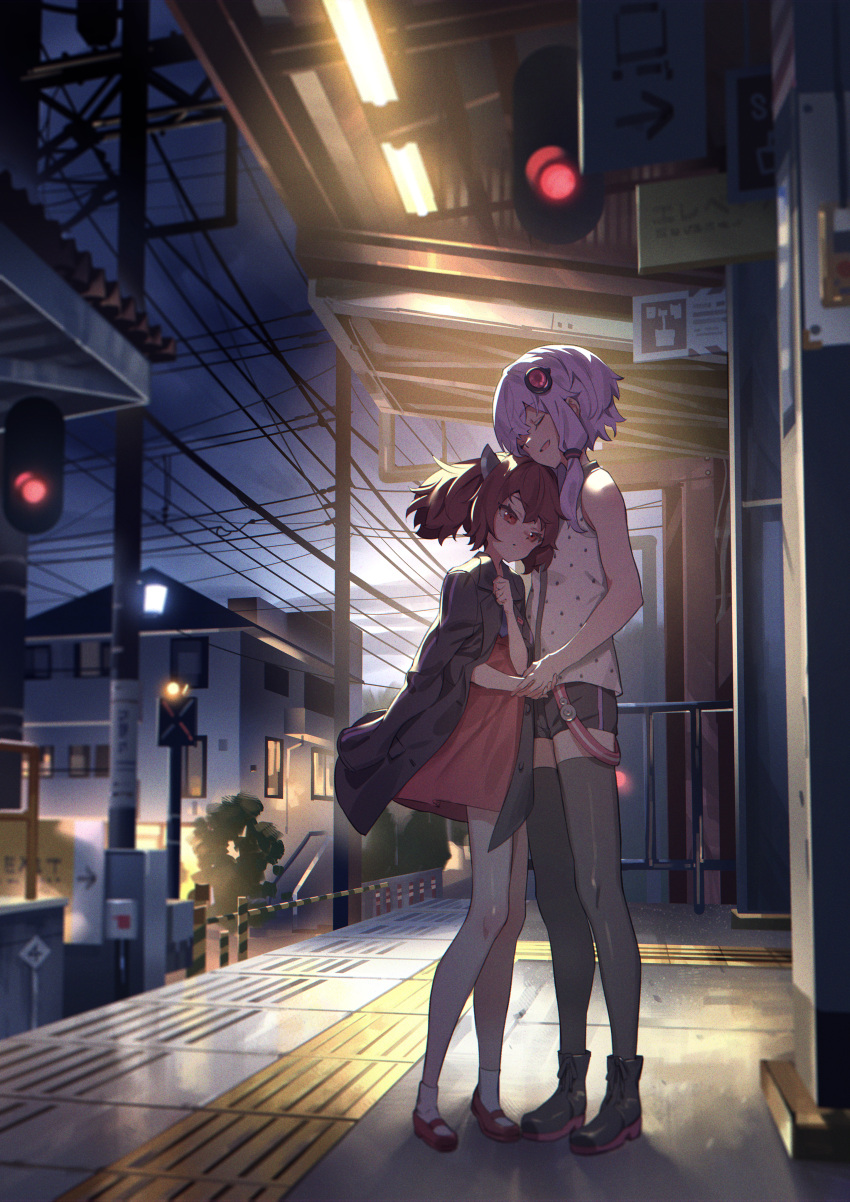 2girls, a.i._voice, absurdres, adjusting_clothes, ankle_boots, ankle_socks, arrow_(symbol), backlighting