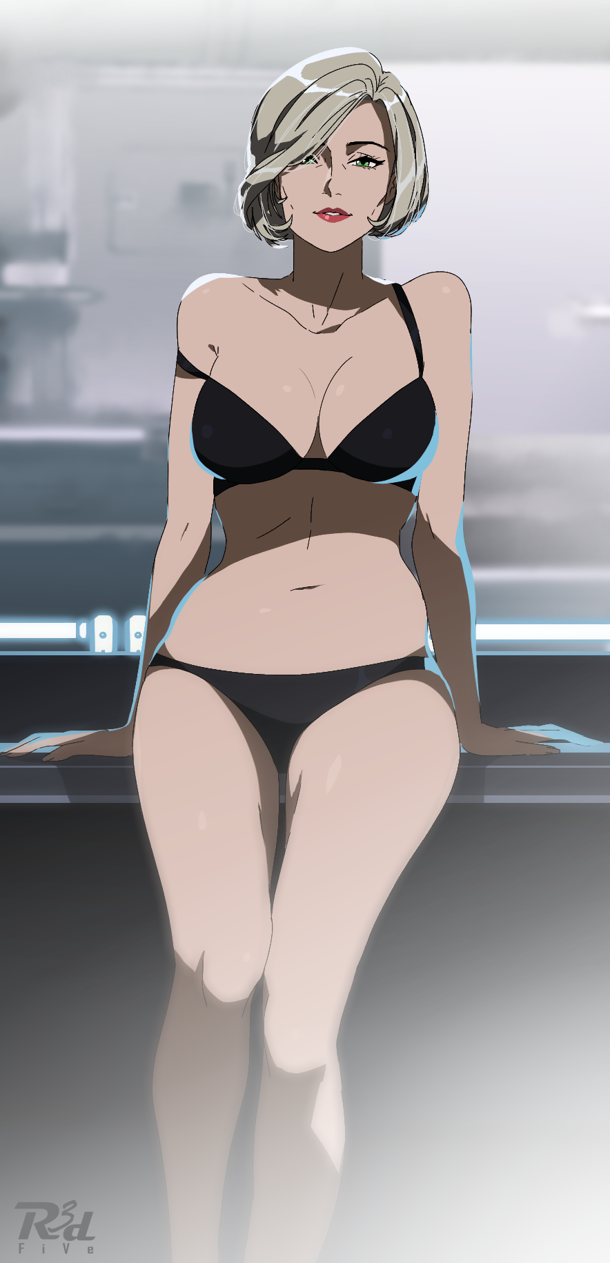 1girl, artist_name, black_bra, black_panties, blonde_hair, bra, breasts, green_eyes