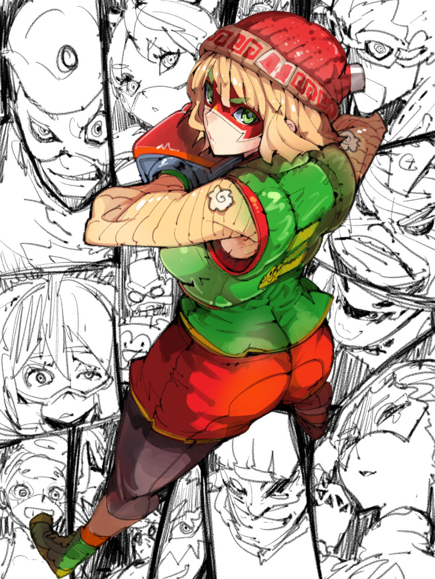 1girl, arms_(game), barq, beanie, blonde_hair, bob_cut, boxing_gloves, byte_(arms)