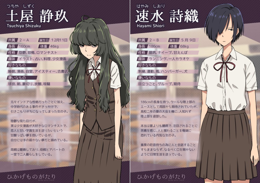 2girls, beige_background, blue_vest, brown_vest, character_name, character_profile, character_sheet, commentary_request