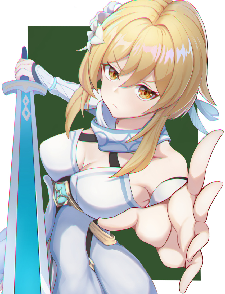 1girl, bangs, bare_shoulders, blonde_hair, breasts, dress, flower, frown, genshin_impact, hair_between_eyes, hair_flower, hair_ornament, highres, looking_at_viewer, lumine_(genshin_impact), naoki0106, open_hand, short_hair, short_hair_with_long_locks, sword, weapon, white_dress, yellow_eyes