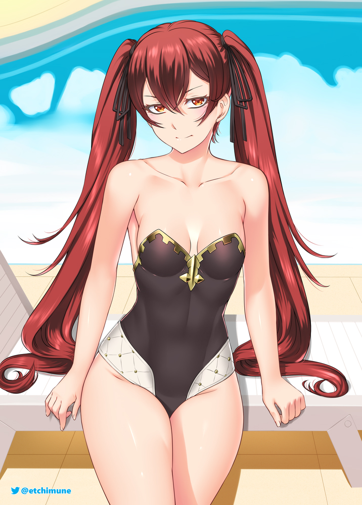 1girl, adapted_costume, alternate_costume, bangs, black_ribbon, black_swimsuit, breasts, closed_mouth, collarbone, commentary, english_commentary, etchimune, fire_emblem, fire_emblem_awakening, fire_emblem_fates, hair_between_eyes, hair_ribbon, long_hair, medium_breasts, pool, red_eyes, redhead, ribbon, selena_(fire_emblem_fates), severa_(fire_emblem), sitting, solo, strapless, strapless_swimsuit, swimsuit, thighs, twintails, very_long_hair