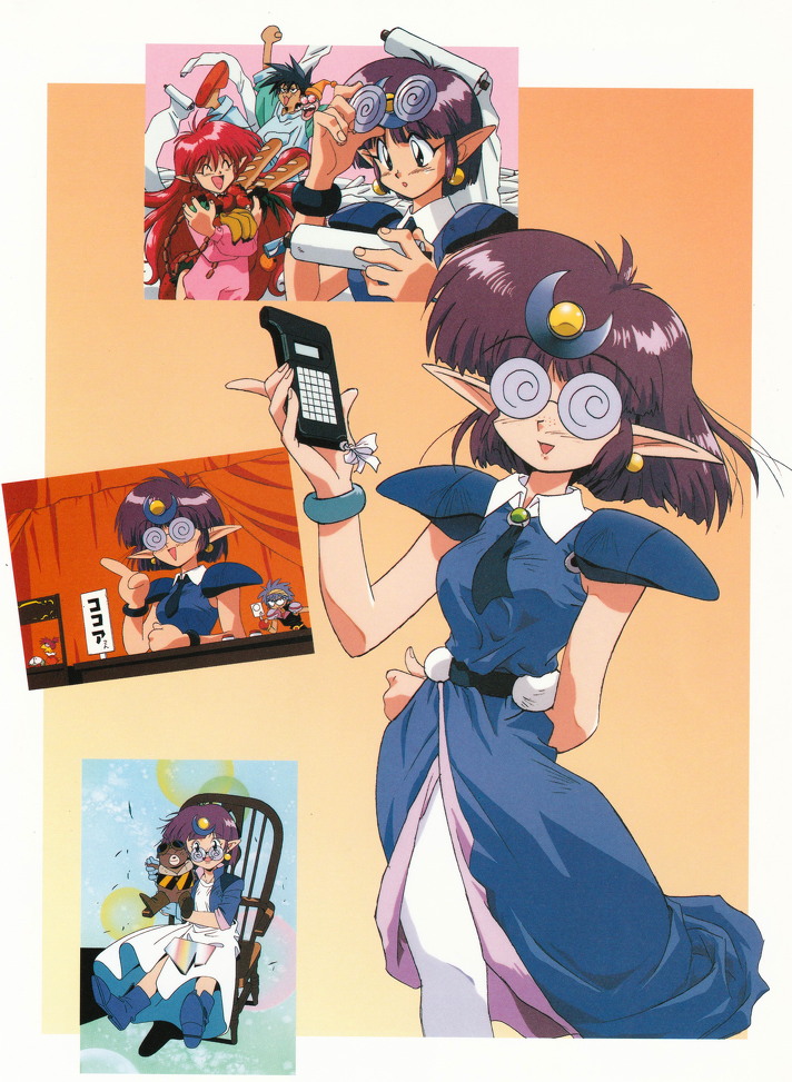 1990s_(style), 2boys, 2girls, arara_cocoa, arara_milk, arm_behind_back, armor, ascot, baba_lamune, bangs, blue_footwear, boots, bracelet, calculator, carrying, carrying_under_arm, closed_eyes, coke-bottle_glasses, crescent, crescent_hair_ornament, da_cider, earrings, eyebrows_visible_through_hair, food, freckles, glasses, hair_ornament, holding, holding_food, jewelry, long_hair, long_pointy_ears, multiple_boys, multiple_girls, ng_knight_lamune_&amp;_40, official_art, on_chair, open_mouth, pauldrons, pointy_ears, retro_artstyle, rimless_eyewear, round_eyewear, scan, short_hair, shoulder_armor, sitting, solo_focus