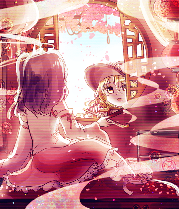 2girls, bandages, bare_shoulders, blonde_hair, cherry_blossoms, detached_sleeves, extra, frilled_hat