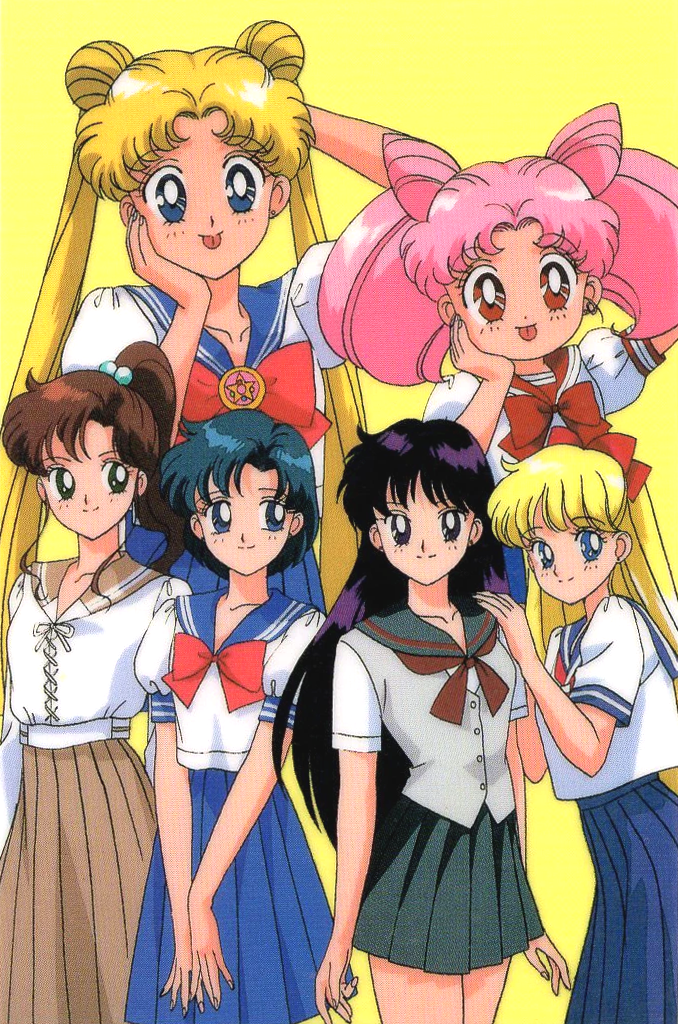 1990s_(style), 6+girls, aino_minako, arm_behind_head, arm_up, bangs, bishoujo_senshi_sailor_moon, black_eyes, black_hair, blonde_hair, blue_eyes, blue_hair, blue_skirt, bow, brown_hair, brown_skirt, chibi_usa, double_bun, eyebrows_visible_through_hair, feet_out_of_frame, green_eyes, hair_bobbles, hair_ornament, hand_on_another's_shoulder, hand_on_own_chin, high_ponytail, hino_rei, kino_makoto, long_hair, long_skirt, looking_at_viewer, mimicry, miniskirt, mizuno_ami, multiple_girls, official_art, pink_hair, pleated_skirt, red_eyes, retro_artstyle, scan, school_uniform, short_hair, short_sleeves, simple_background, skirt, smile, tongue, tongue_out, tsukino_usagi, twintails, v_arms, yellow_background