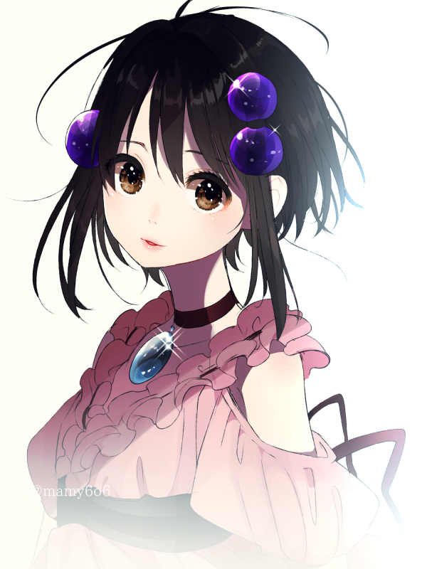 1girl, black_hair, brooch, brown_eyes, choker, dress, hair_ornament, jewelry