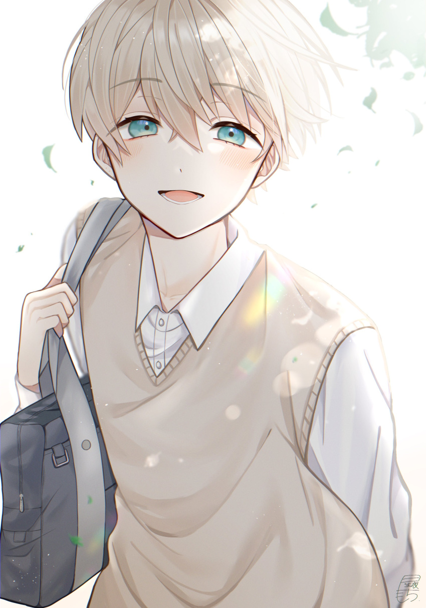 1boy, absurdres, aqua_eyes, bag, blonde_hair, collared_shirt, eyebrows_visible_through_hair, green_eyes
