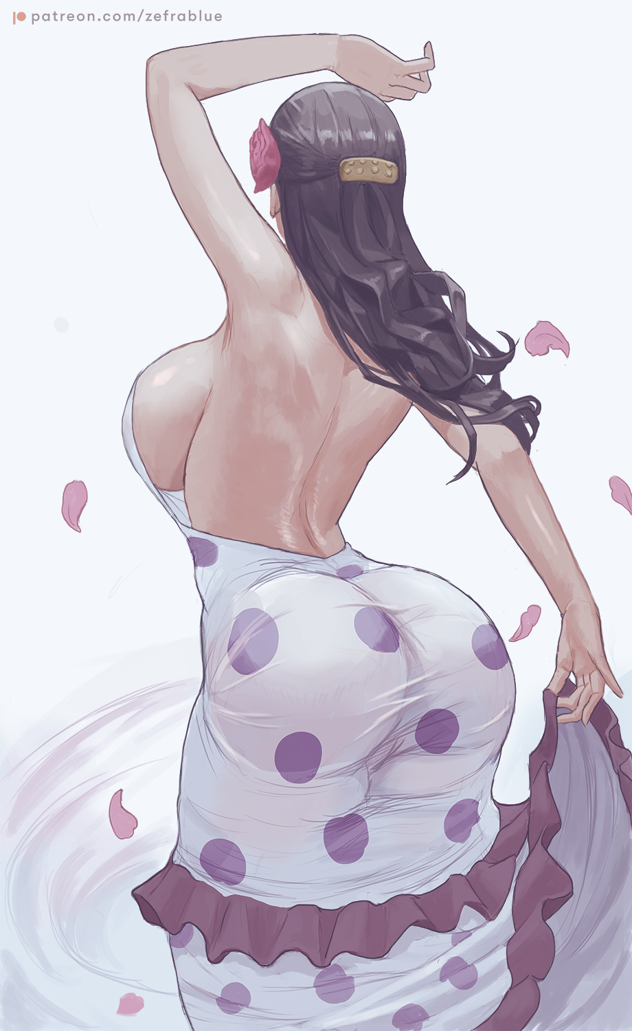1girl, arm_up, armpits, ass, bare_back, bare_shoulders, black_hair, breasts