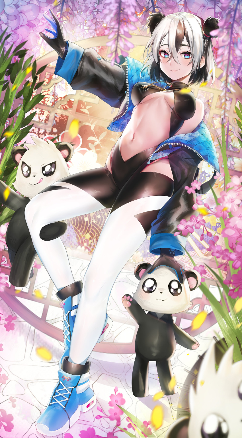 1girl, absurdres, animal_ears, bare_shoulders, black_hair, black_jacket, black_leotard, blue_eyes