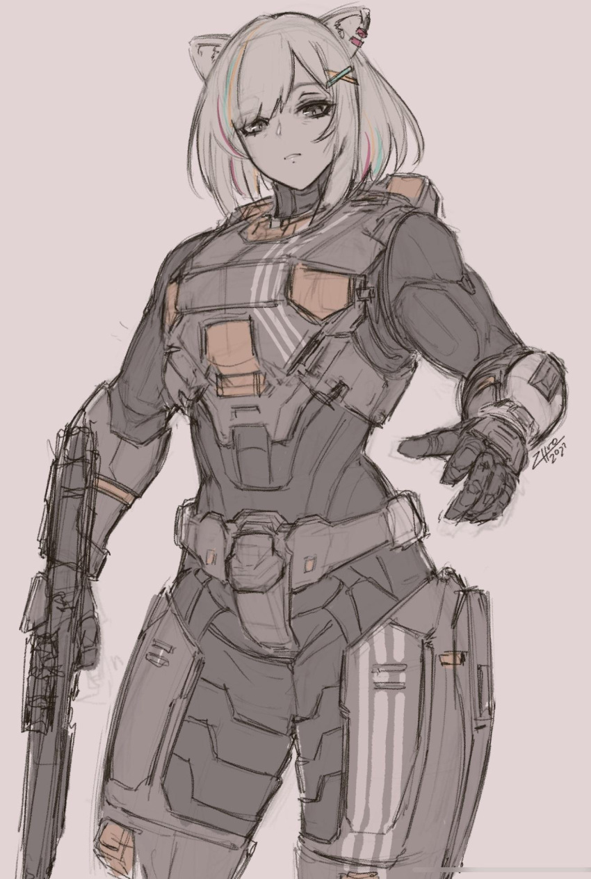 1girl, animal_ears, assault_rifle, bullpup, frown, grey_eyes, grey_hair, gun