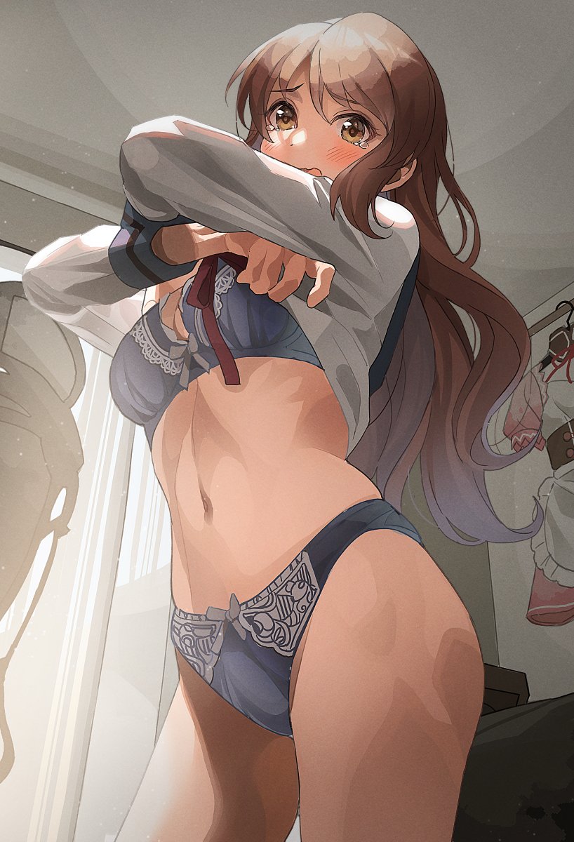1girl, asahina_mikuru, bangs, blue_bra, blue_panties, blush, bow, bow_bra, bow_panties, bra, breasts, brown_eyes, brown_hair, contrapposto, cowboy_shot, curtains, eyebrows_visible_through_hair, flipped_hair, furrowed_brow, highres, indoors, lace, lace_bra, lace_panties, long_hair, long_sleeves, looking_at_viewer, maid, medium_breasts, navel, open_mouth, panties, school_uniform, serafuku, shirt, sidelocks, solo, suzumiya_haruhi_no_yuuutsu, swept_bangs, tearing_up, tipii, underwear, undressing, very_long_hair, wavy_mouth, white_curtains, white_shirt