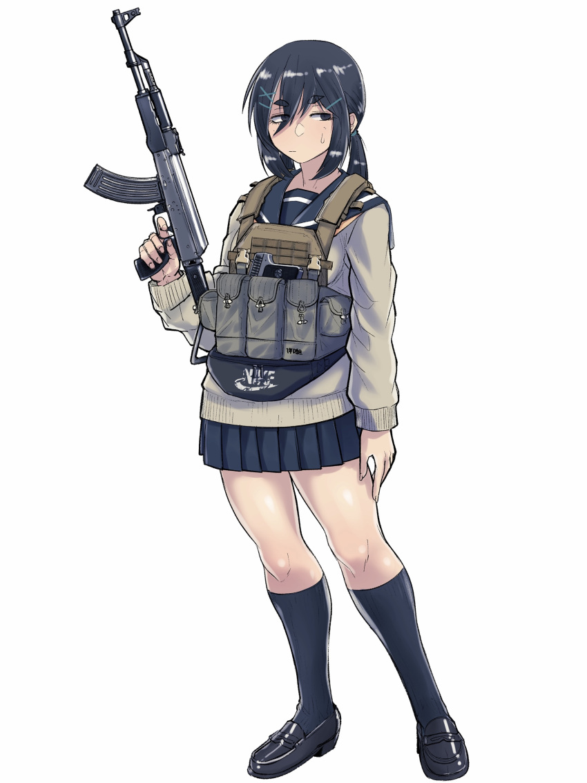 1girl, :|, absurdres, assault_rifle, black_eyes, black_hair, black_legwear, cb_(c-board), closed_mouth, eyebrows_visible_through_hair, fanny_pack, finger_on_trigger, full_body, gun, handgun, highres, holding, holding_gun, holding_weapon, kneehighs, load_bearing_vest, loafers, nike, original, pistol, pleated_skirt, rifle, sailor_collar, school_uniform, shoes, skirt, solo, sweatdrop, thick_eyebrows, twintails, weapon, weapon_request, white_background