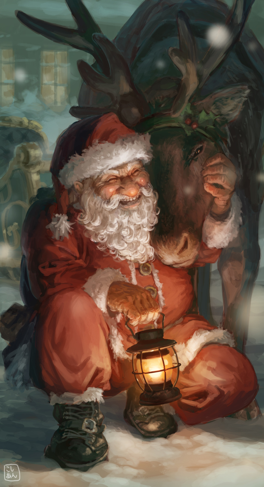 1boy, absurdres, animal, antlers, beard, christmas, commentary, facial_hair, hat, highres, holding, holding_lantern, kosian, lantern, laughing, male_focus, old, old_man, original, outdoors, petting, reindeer, santa_claus, santa_costume, santa_hat, sled, snow, snowing, squatting, teeth