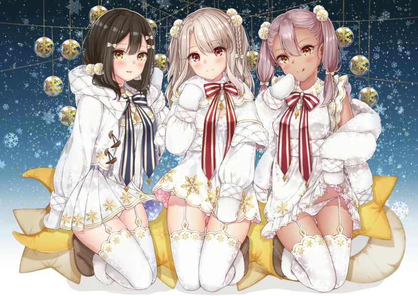 bangs, black_hair, blue_ribbon, blush, boots, breasts, brown_eyes, chloe_von_einzbern