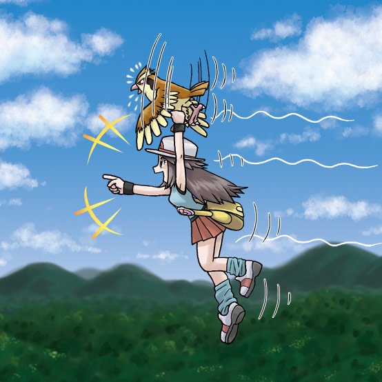 +++, 1girl, :d, bag, black_wristband, blue_legwear, blue_shirt, brown_hair, bucket_hat, clouds, commentary_request, day, fly_(pokemon), flying, hanging, hat, leaf_(pokemon), long_hair, loose_socks, messenger_bag, natsunagi_takaki, open_mouth, outdoors, pidgey, pleated_skirt, pointing, pokemon, pokemon_(creature), pokemon_(game), pokemon_frlg, red_skirt, shirt, shoes, shoulder_bag, skirt, sky, sleeveless, sleeveless_shirt, smile, vs_seeker, white_footwear, white_headwear, wristband, yellow_bag