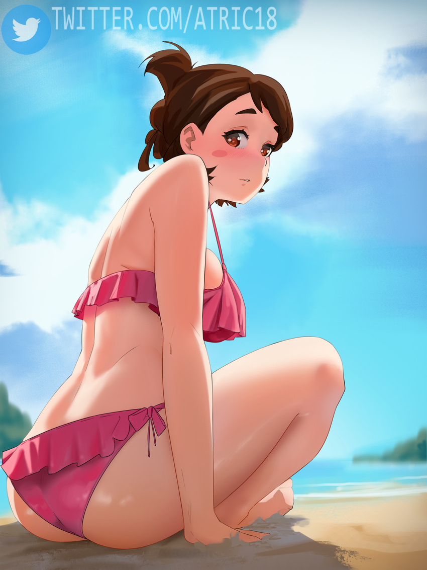 1girl, arm_support, ass, atric18, beach, bikini, blue_sky, blush
