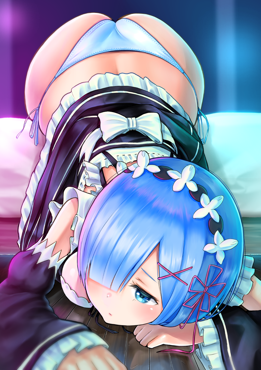 1girl, ass, bangs, black_dress, black_ribbon, blue_eyes, blue_hair, bow