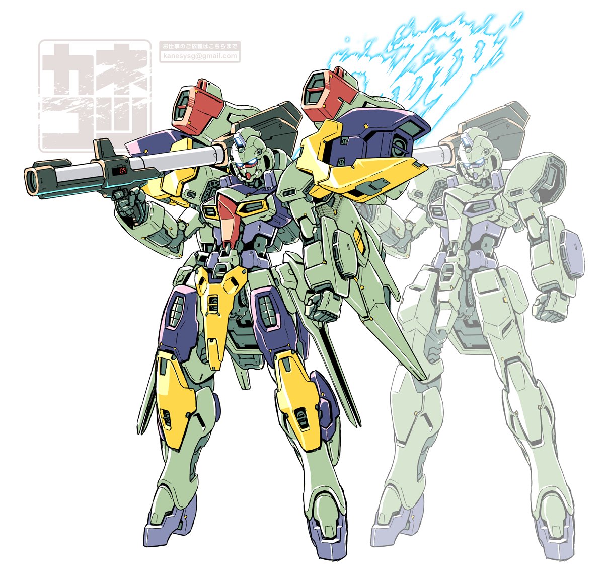backpack, bag, bazooka_(gundam), beam_flag_emitter, blue_eyes, clenched_hand, commentary_request, email_address