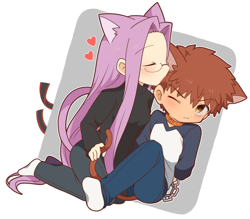 1boy, 1girl, animal_ears, black_pants, black_sweater, blue_pants, cat_ears, cat_tail